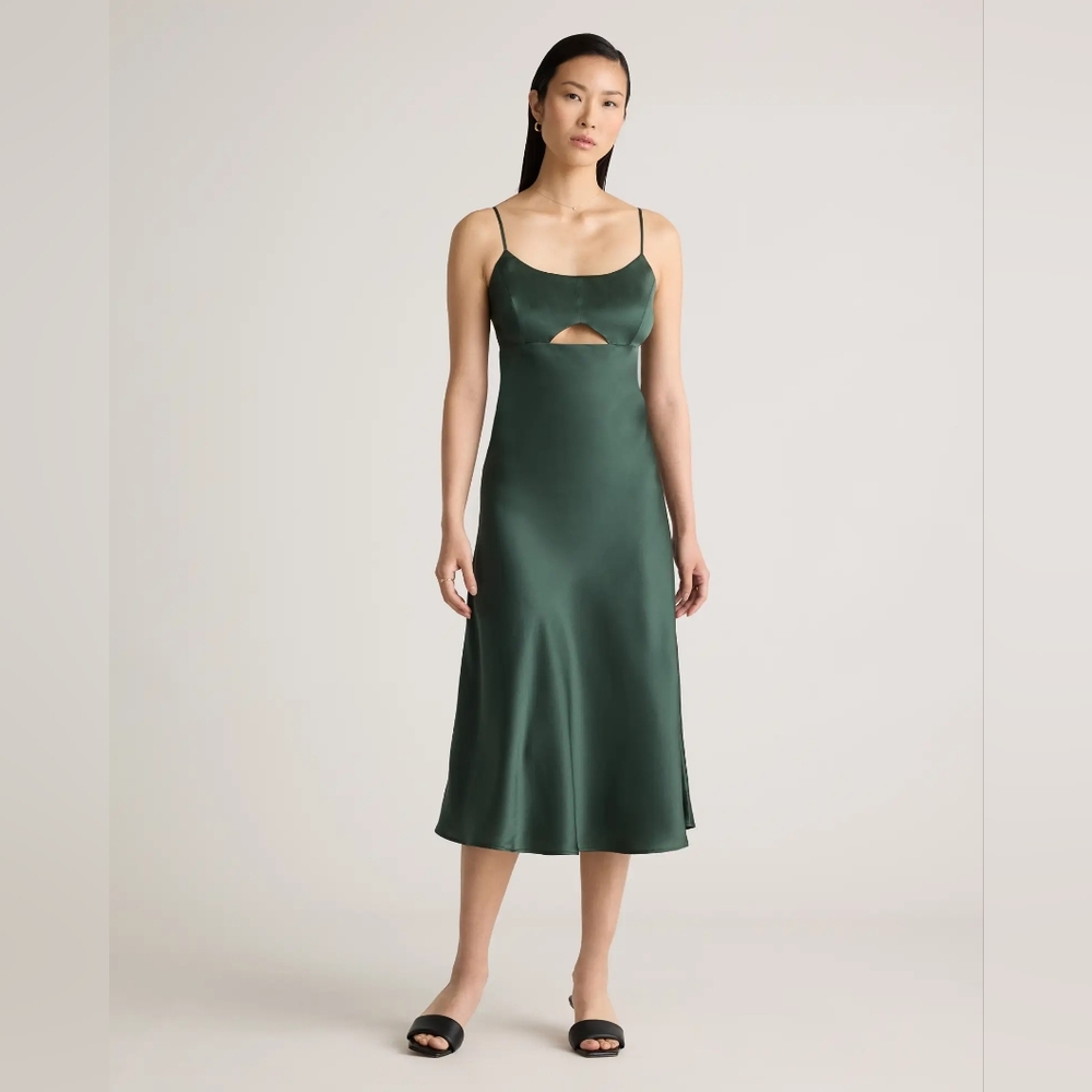 Quince 100% Washable Silk Cutout Midi Slip Dress Forest Green Medium NWT